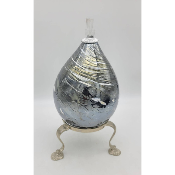 Hand Blown Silver Glass Oil Lamp by Helwig Art Glass w/3 Footed Metal Stand NWOT